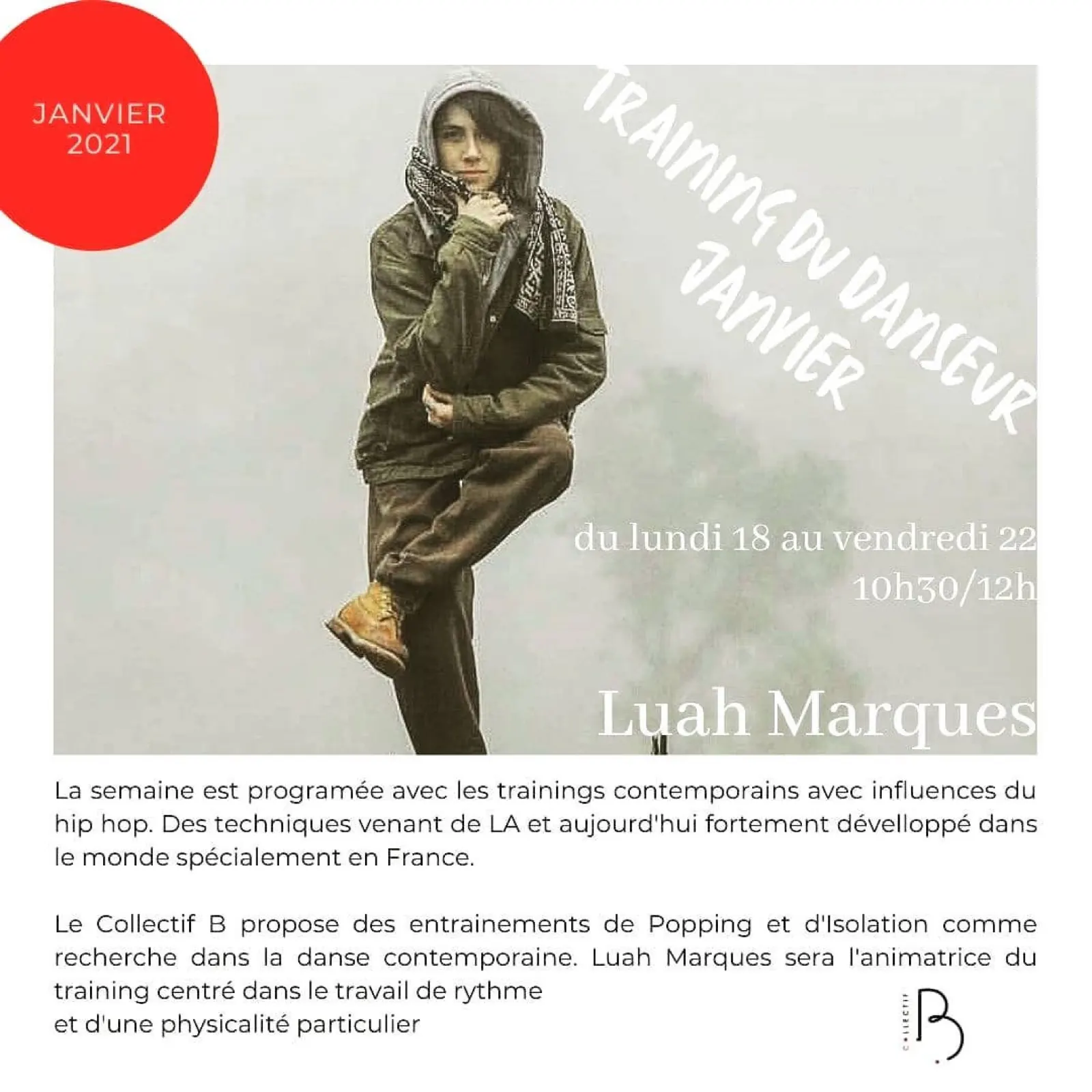 Collectif B training poster with a portrait of Luah Marques