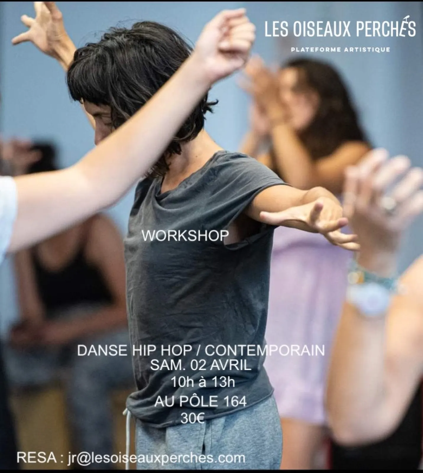 Workshop flyer with dancers in motion, Les Oiseaux Perchés