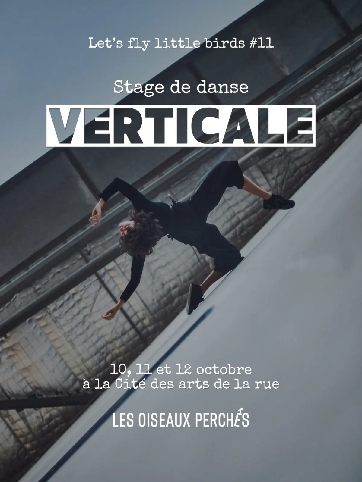 Poster for the Verticale dance workshop, a dancer leaning out from a wall